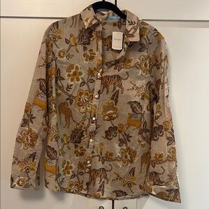J. McLaughlin Tan and Brown Floral Button Down Shirt